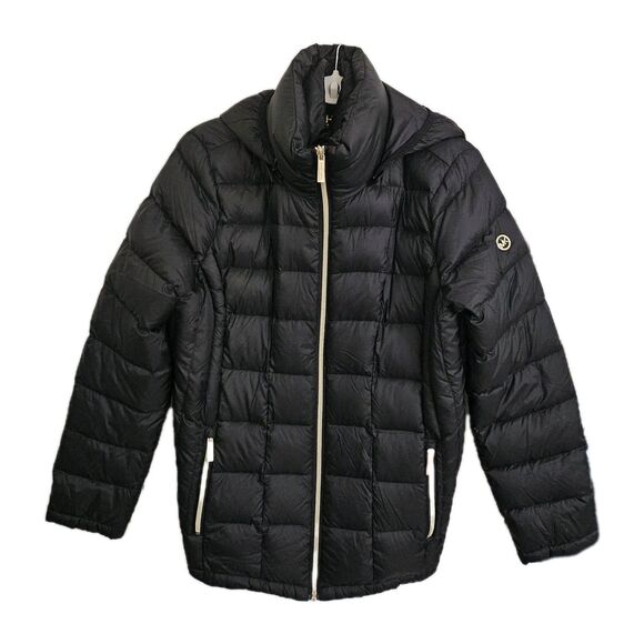 Michael Kors Packable Jacket Large Black Hooded Down Fill Puffer Double Zip - Picture 1 of 12